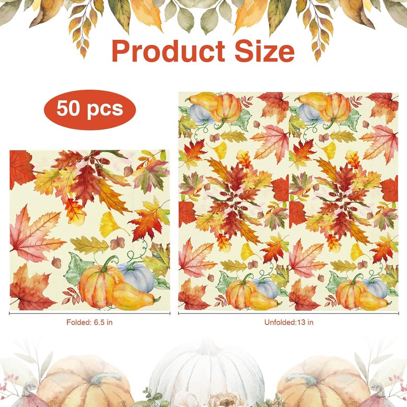 Tbsone 50-PK Fall Thanksgiving Paper Napkins: Disposable 3-Ply Luncheon Napkin with Maple Leaf & Pumpkin Design, Autumn Table Decor for Dinner, Friendsgiving, Wedding, and Party - Image 2